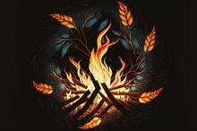  A Painting Of A Fire And Leaves On A Black Background With A Black Background And A Black Background With A Black Background And A Yellow And Blue Circle With Orange Flames.  Generative Ai