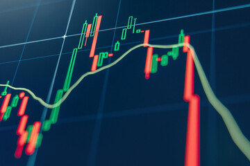 Digital money movement chart with crypto falling in price down to zero due to panic sell off by investors and traders reacting to negative news, red candlestick graph showing bear stock market crash