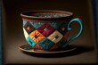 Coffee cup in amish quilting style, concept of Patchwork and Textiles, created with Generative AI technology