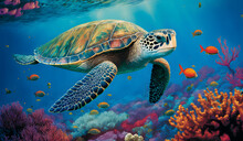Sea Turtle Swimming In The Sea, Ocean Background, Illustration Generativ Ai 