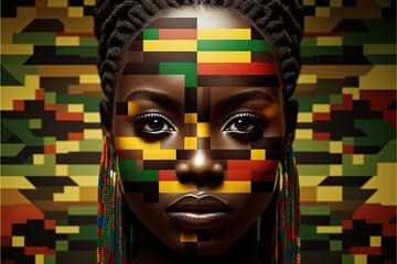 Human face in kente cloth style, concept of Cultural Expression and Geometric Patterns, created with Generative AI technology