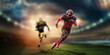© Aliaksandr Marko - American Football player in red and black uniform in running pose against stadium background. American Football, advertising poster, template, blank, sports. 3D illustration, 3D rendering.