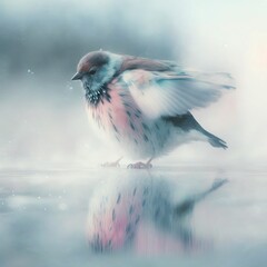  a bird sitting on top of a puddle of water with its wings spread out and its reflection in the wet surface of the water below.  generative ai