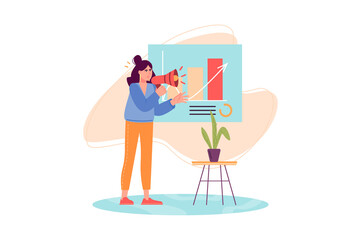Aufkleber - Marketing concept with people scene in the flat cartoon design. Marketer presents the increase in the number of sales of a product with the help of chart.