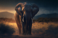 Majestic Elephant In The Savannah During Sunset. Atmospheric Wallpaper Poster For Home And Office. Created With Generative AI.