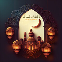 Wall Mural - 3d modern Islamic holiday banner, suitable for Ramadan, Raya Hari, Eid al Adha and Mawlid. A lit up lantern and crescent moon decor on serene evening background. Generating Ai.