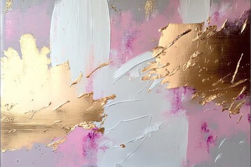 a close up of a painting with gold and white paint on it's edges and a pink and white background wit