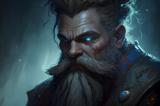intimidating dwarf warrior with long beard.