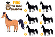 Find the identical shadows of the horse in the drawings. For kids. Vector stock illustration. isolated. Education and development of observation and intelligence. Puzzle. Animal
