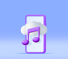 Poster - 3D Music Cloud Note in Mobile Phone. Render Smartphone Streaming Music Platform Icon. Modern Music Service Symbol. Note Realistic Design. Musical Note, Sound, Song or Noise Sign. Vector illustration