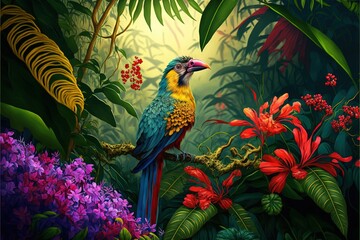  a painting of a colorful bird sitting on a branch in a tropical forest filled with flowers and plants, with red and purple flowers in the foreground.  generative ai