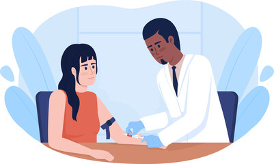Poster - Doctor collecting patient blood sample from vein 2D raster isolated illustration. Medical tests flat characters on cartoon background. Clinic colourful scene for mobile, website, presentation