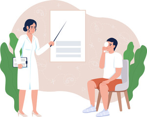 Poster - Man undergoing vision checkup with doctor 2D raster isolated illustration. Medicine flat characters on cartoon background. Clinic colourful scene for mobile, website, presentation