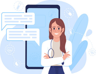 Poster - visiting doctor online with mobile app 2d raster isolated illustration. positive therapist flat char