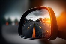  a car's side view mirror reflecting a road in the side view mirror of a vehicle's side view mirror, with a dark sky and trees in the background.  generative ai