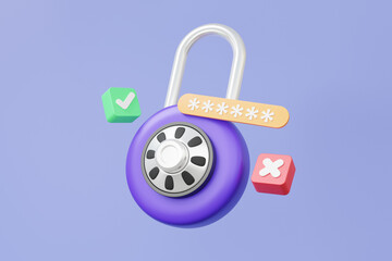 Poster - 3d circle padlock icon with check unlock approved and declined account identity id privacy password 