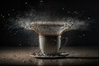  a coffee cup with a splash of coffee on top of it and a saucer on the side of the cup with a saucer on it.  generative ai