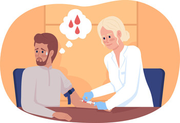 Poster - Scared patient at blood collection procedure 2D raster isolated illustration. Doctor and patient flat characters on cartoon background. Hospital colourful scene for mobile, website, presentation