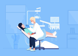 Aufkleber - Scared woman in dentist chair during examination flat color raster illustration. Doctor checking scared patient teeth 2D simple cartoon characters with medical office interior on background
