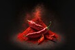  a pile of red powder next to a red chili pepper on a black background with a red substance in the middle of the image and a red chili pepper on the top of the pile.  generative ai