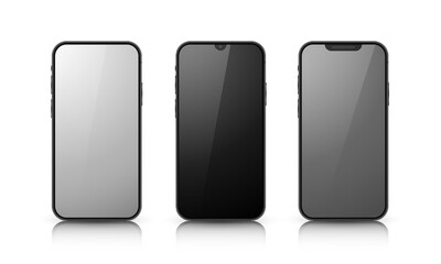 Fototapete - A set of three smartphones on a white background. Realistic 3D models of mobile phones with shadows and highlights. Vector illustration.