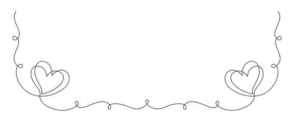 Fototapete - One continuous line drawing of couple hearts and love symbol. Thin curl border and romantic symbol in simple linear style. Editable stroke. Minimalistic hand drawn vector illustration