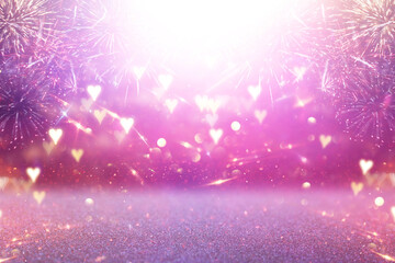 Sticker - Abstract background of bright bokeh lights and hearts with fireworks