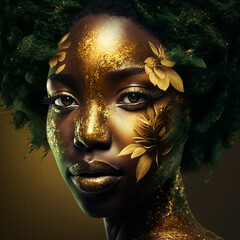 Wall Mural - Fashion portrait of face of attractive young black woman with gold makeup and gold dust. Generative Ai.