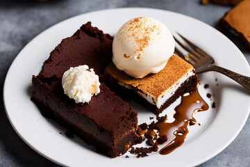 Wall Mural - Stack of brownie squares with scoop of ice cream and caramel