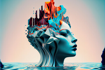Leinwandbilder - Beautiful abstract surreal geometric head of a water concept, contemporary colors and mood social background.	