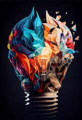 Poster - Beautiful abstract surreal geometric head of a great idea light bulb concept, contemporary colors and mood social background.