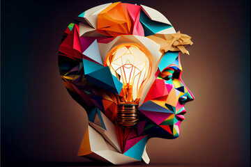 Aufkleber - Beautiful abstract surreal geometric head of a great idea light bulb concept, contemporary colors and mood social background.