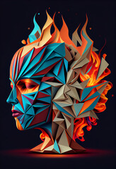 Poster - Beautiful abstract surreal geometric head of a burning concept, contemporary colors and mood social background.	