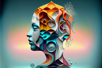 Leinwandbilder - Beautiful abstract surreal geometric head of a water concept, contemporary colors and mood social background.	