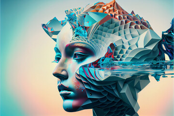Aufkleber - Beautiful abstract surreal geometric head of a water concept, contemporary colors and mood social background.	