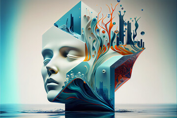 Leinwandbilder - Beautiful abstract surreal geometric head of a water concept, contemporary colors and mood social background.	
