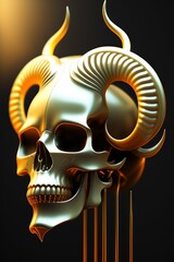 royal golden fiery black neon skull with bones and horns