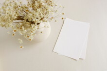 Greeting Card Mockup And  Dried Daisy Flowers In A Vase On Beige Background Top View Flatlay. Card Mockup With Copy Space.