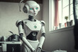 household help, a female robot with the appearance of a woman is a cleaning lady or similar, artificial intelligence in the form of a humanoid android