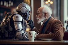 An Old Man And His Robot Friend Are Sitting Together In A Cafe, Friendship Between Man And Machine