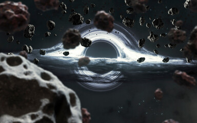Wall Mural - 3d illustration of huge black hole warps space around. 5k realistic science fiction art. elements of