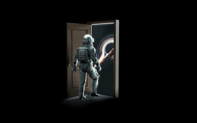 Wall Mural - 3D illustration of astronaut opens the door to space. 5K realistic science fiction art. Elements of image provided by Nasa