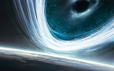 Wall Mural - 3d illustration of giant black hole and event horizon. 5k realistic science fiction art. elements of