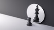 © NeoLeo - 3d render, chess game white pawn piece stands in front of the round mirror with reflection of black king. Contradiction or ambition metaphor. Perceptual distortion concept. Minimalist composition
