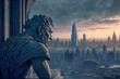 A stone warrior looking out at city. 
alien gargoyle from new world, guard duty, cityscape, ai generated fine art composite 