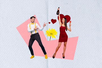 Sticker - Greeting picture photo collage poster postcard of two happy people dancing holiday event isolated on drawing background