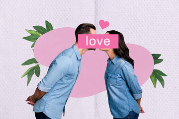 Canvas Print - Creative collage photo poster postcard of lovely cute couple love each other sweet kiss enjoy romance isolated on painted background