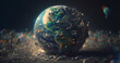 Eco environmental problem, planet in trash human waste, blur background banner. Concept plastic pollution Earth. Generation AI.