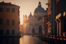 Beautiful View On Basilica Di Santa Maria Della Salute In Golden Evening Light At Sunset In Venice,generative Ai.