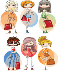 Poster - Six hand drawn beautiful cute cartoon summer girls with bags. Vector illustration.